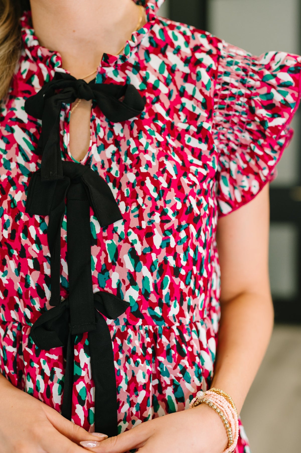 Pattern Pending Bow Detail Dress in Fuchsia and Black