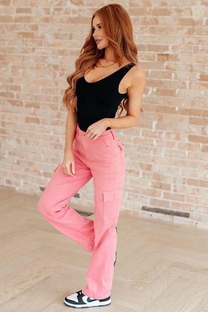 Peggy High Rise Cargo Straight Jeans in Pink by Judy Blue