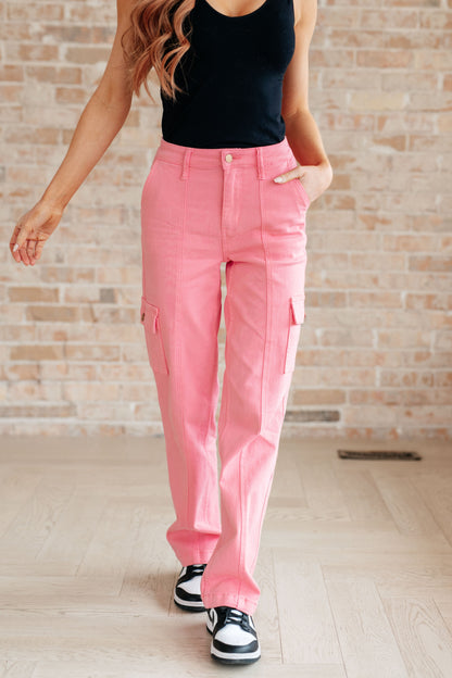 Peggy High Rise Cargo Straight Jeans in Pink by Judy Blue