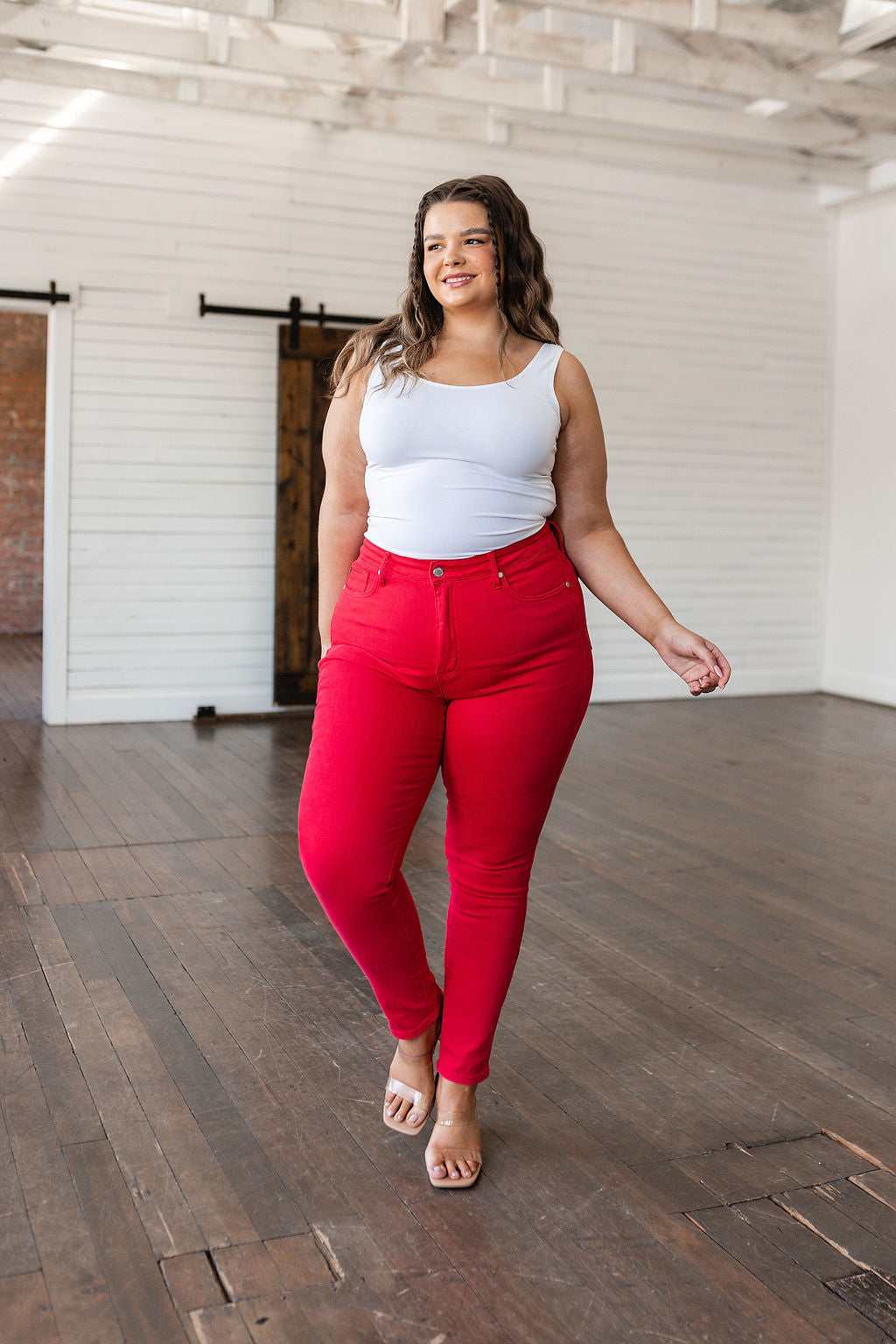 Ruby High Rise Tummy Control Garment Dyed Judy Blue Skinny Jeans in Red