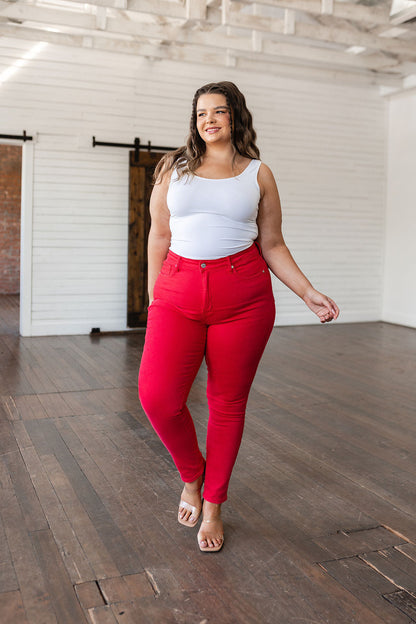 Ruby High Rise Tummy Control Garment Dyed Judy Blue Skinny Jeans in Red