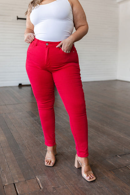 Ruby High Rise Tummy Control Garment Dyed Judy Blue Skinny Jeans in Red