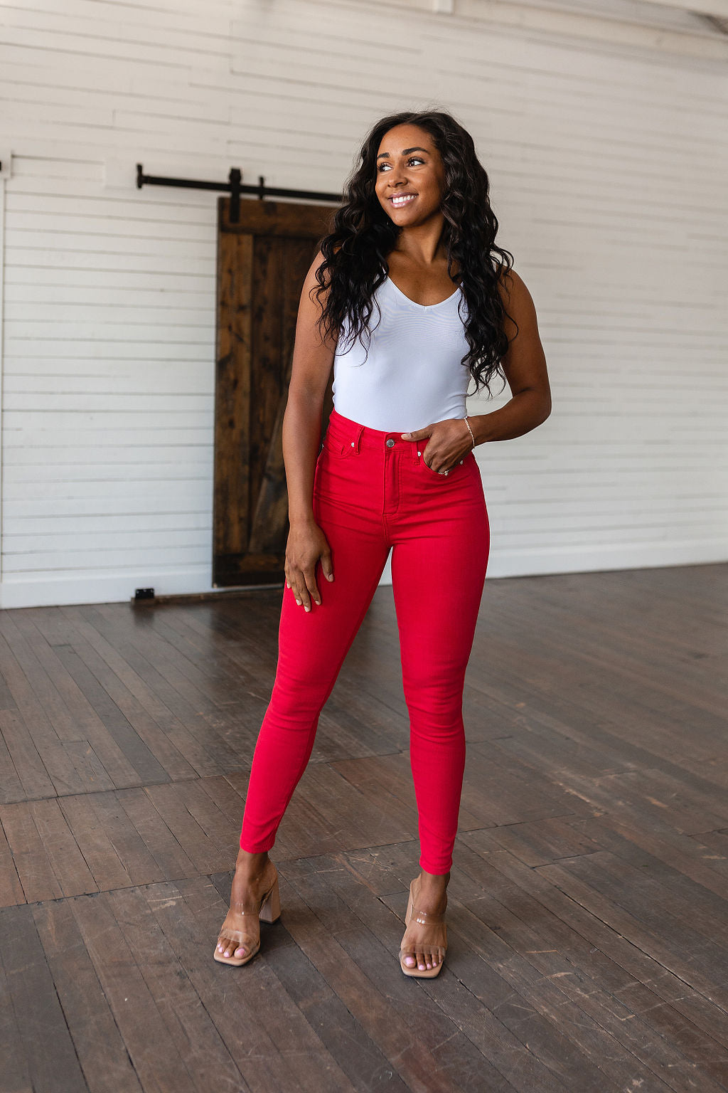 Ruby High Rise Tummy Control Garment Dyed Judy Blue Skinny Jeans in Red