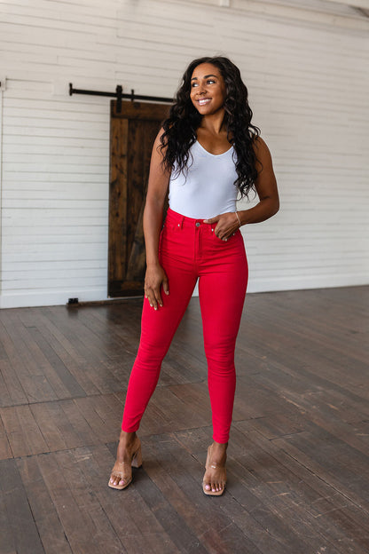 Ruby High Rise Tummy Control Garment Dyed Judy Blue Skinny Jeans in Red