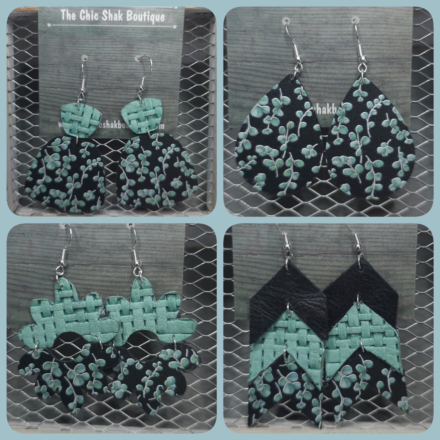 Sea Green Eucalyptus on Black Leather Earrings