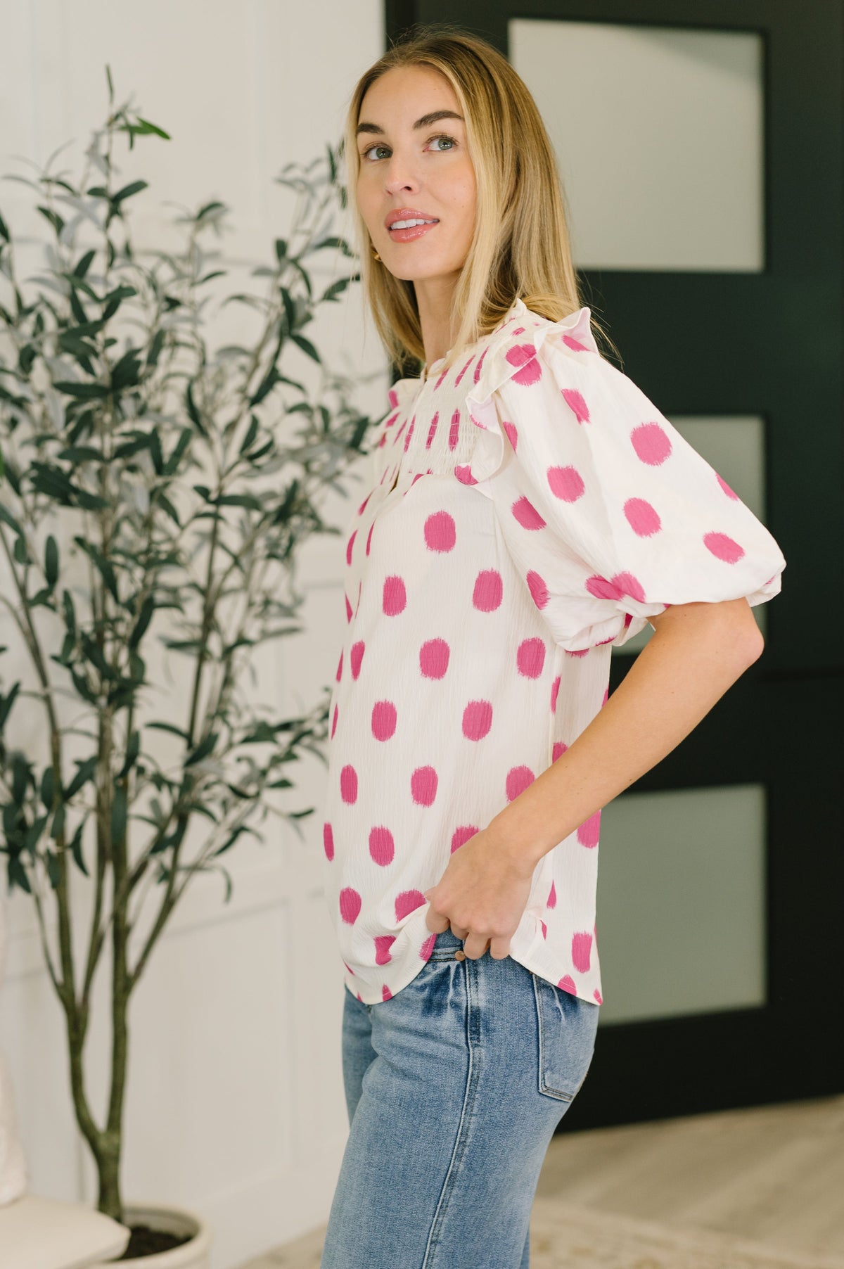 Shopping Spree Notched Neck Puff Sleeve Blouse