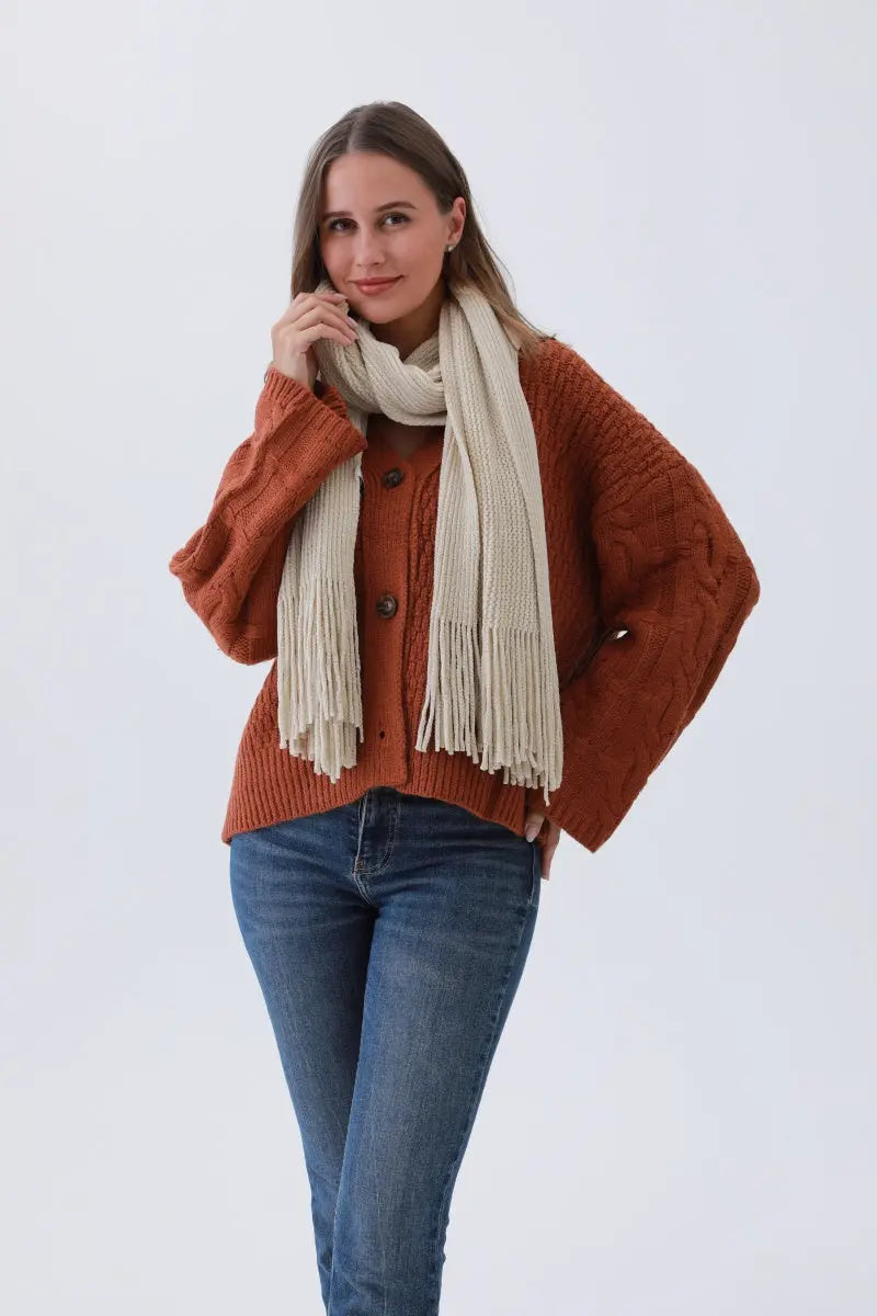Luxe Chenille Knit Scarf – Plush Tassel Elegance☁️✨