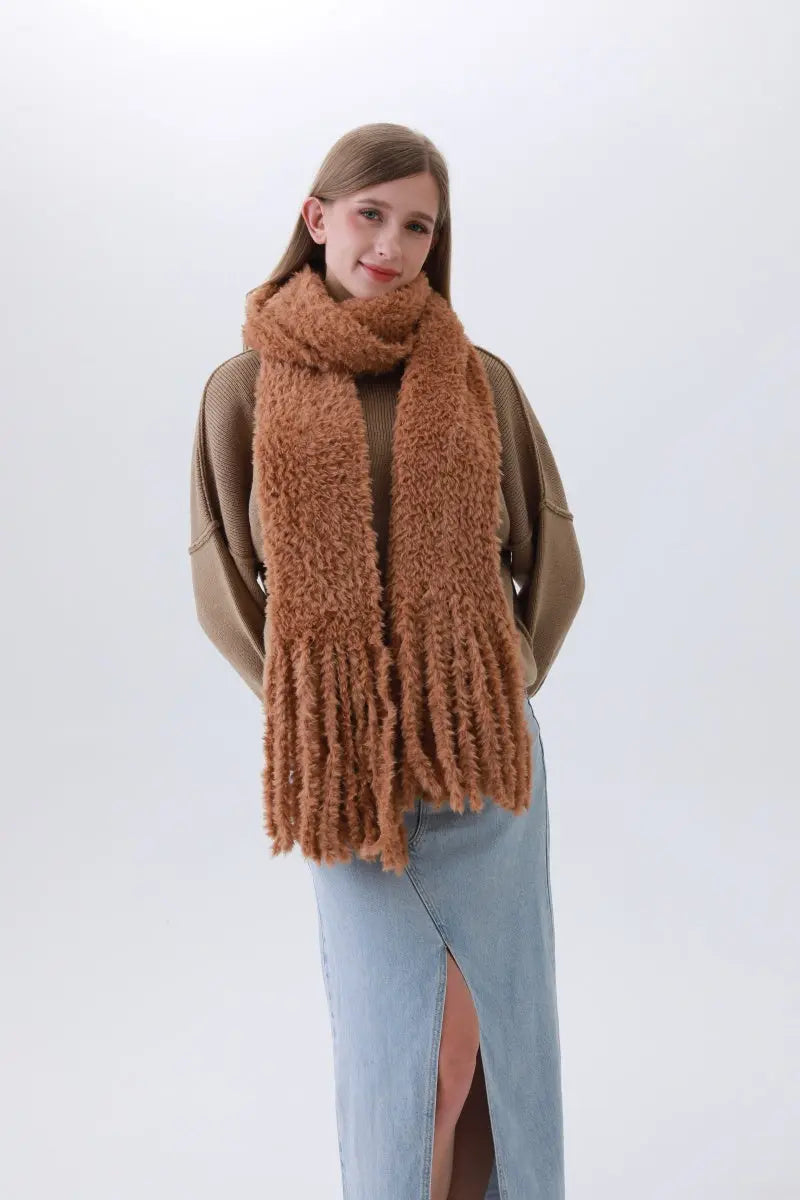 Luxe Bouclé Knit Scarf – Textured Elegance with Fringe❄️✨
