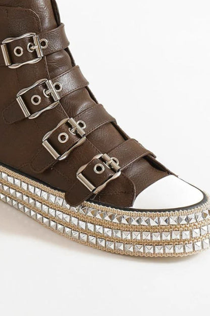 Beast Fashion Multi-Buckle Studded Platform Sneakers