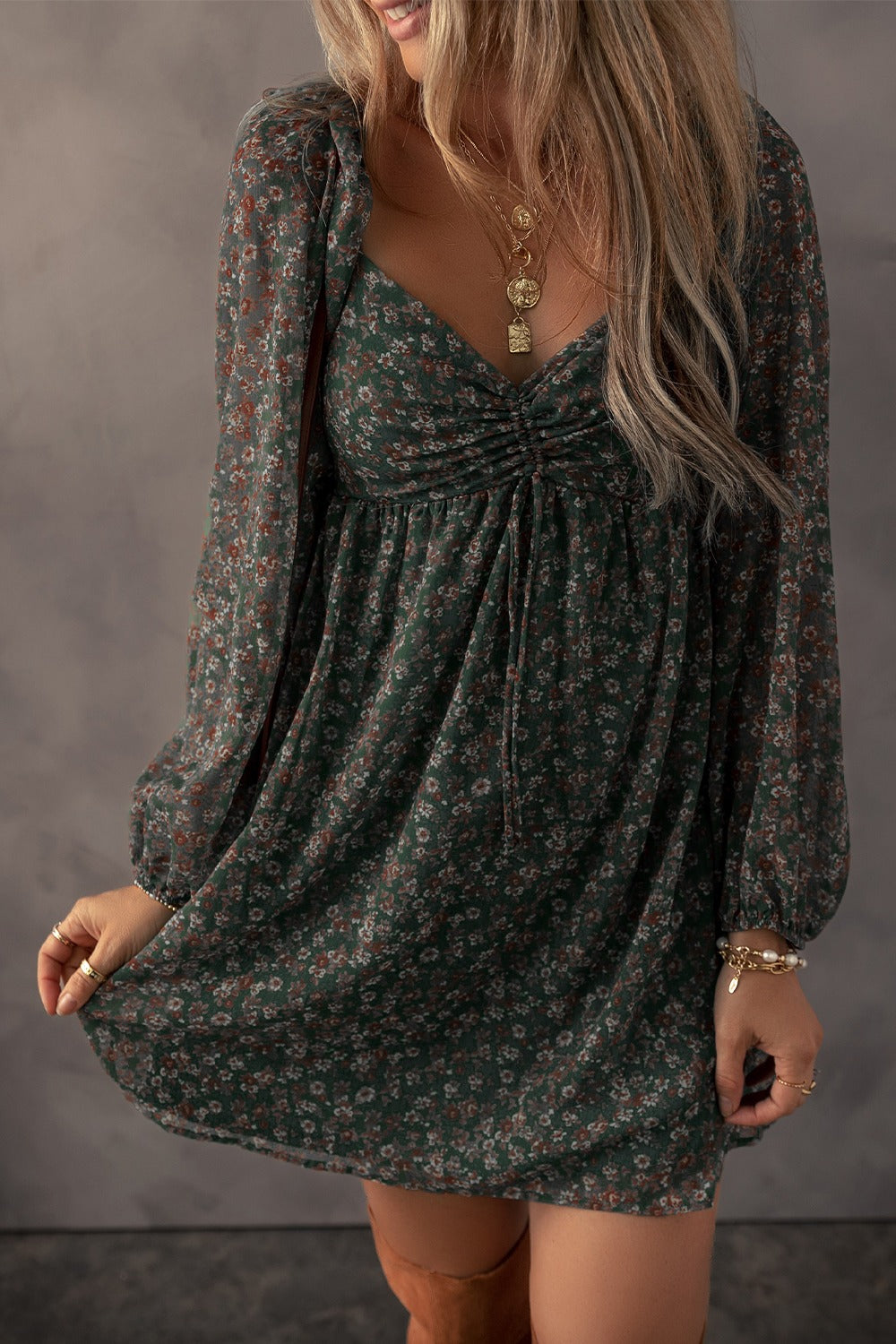 Ruched Fall Floral Print Long Sleeve Mini Dress