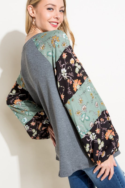 Floral Mixed Puff Long Sleeve Top