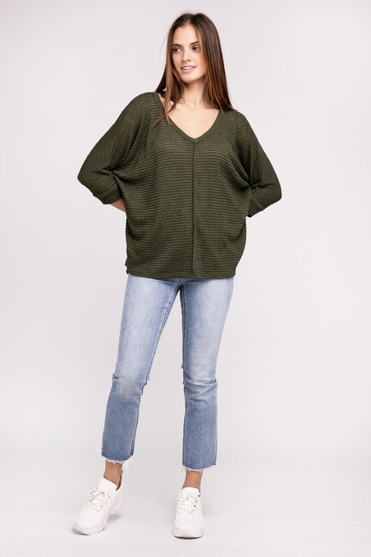 3/4 Sleeve V-Neck Hi-Low Hem Jacquard Sweater