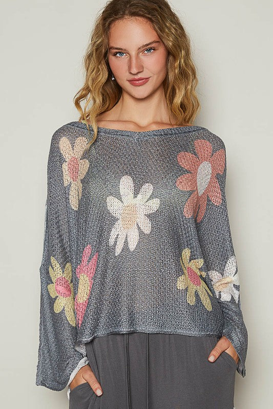 POL Flower Long Sleeve Knit Top