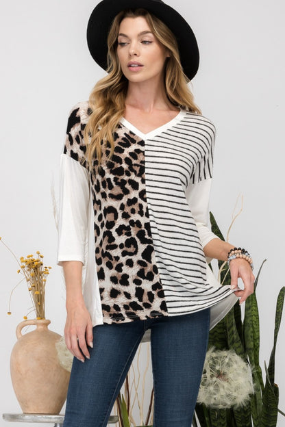 Celeste Leopard and Striped Print V-Neck Tee