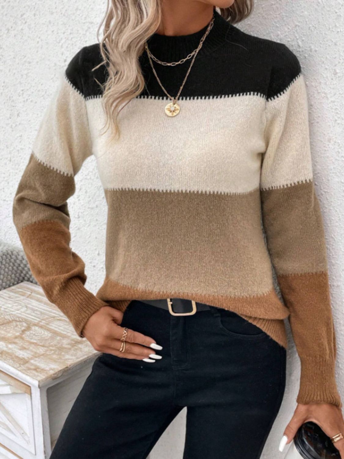 Color Block Mock Neck Sweater