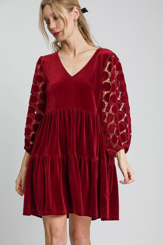 Umgee Dotted Lace Sleeve Velvet Mini Dress