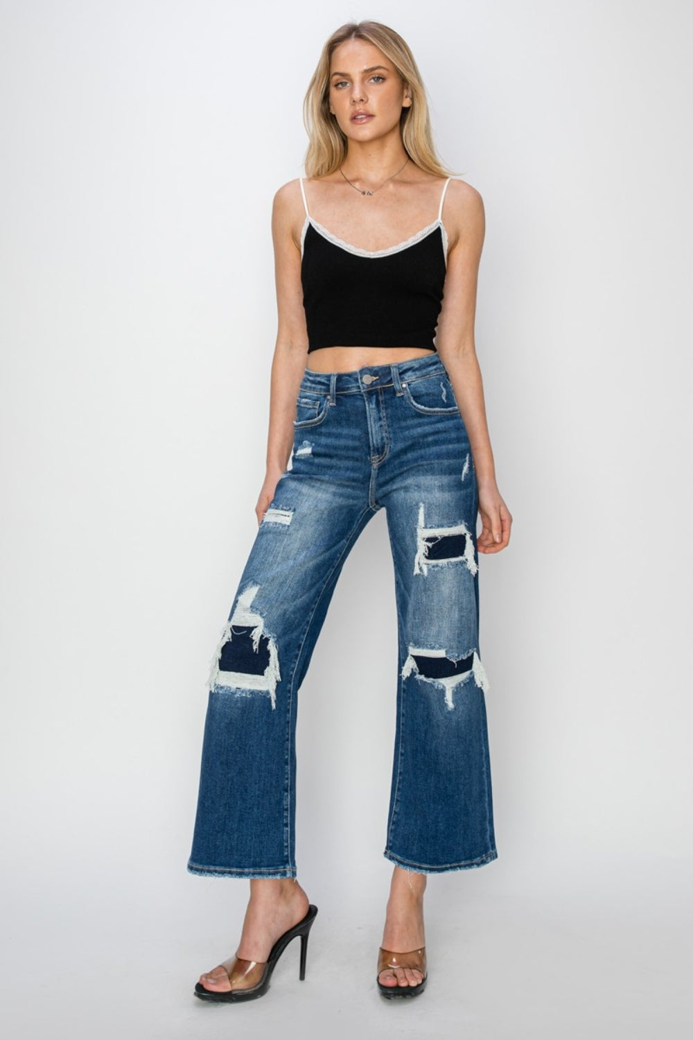 Risen High Rise Patch Detailed Wide Leg Crop Jeans