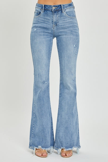 Risen High Rise Frayed Hem Flare Jeans