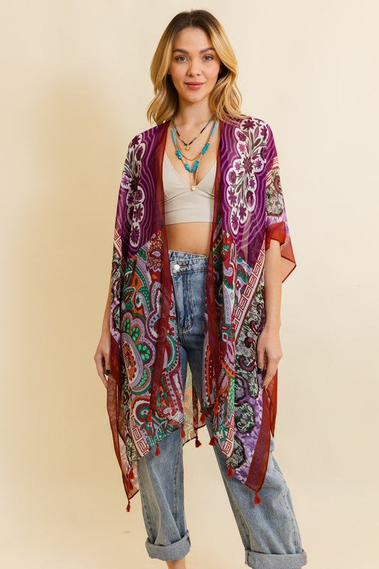 Paisley Printed Open Front Kimono w/ Cinched Arms