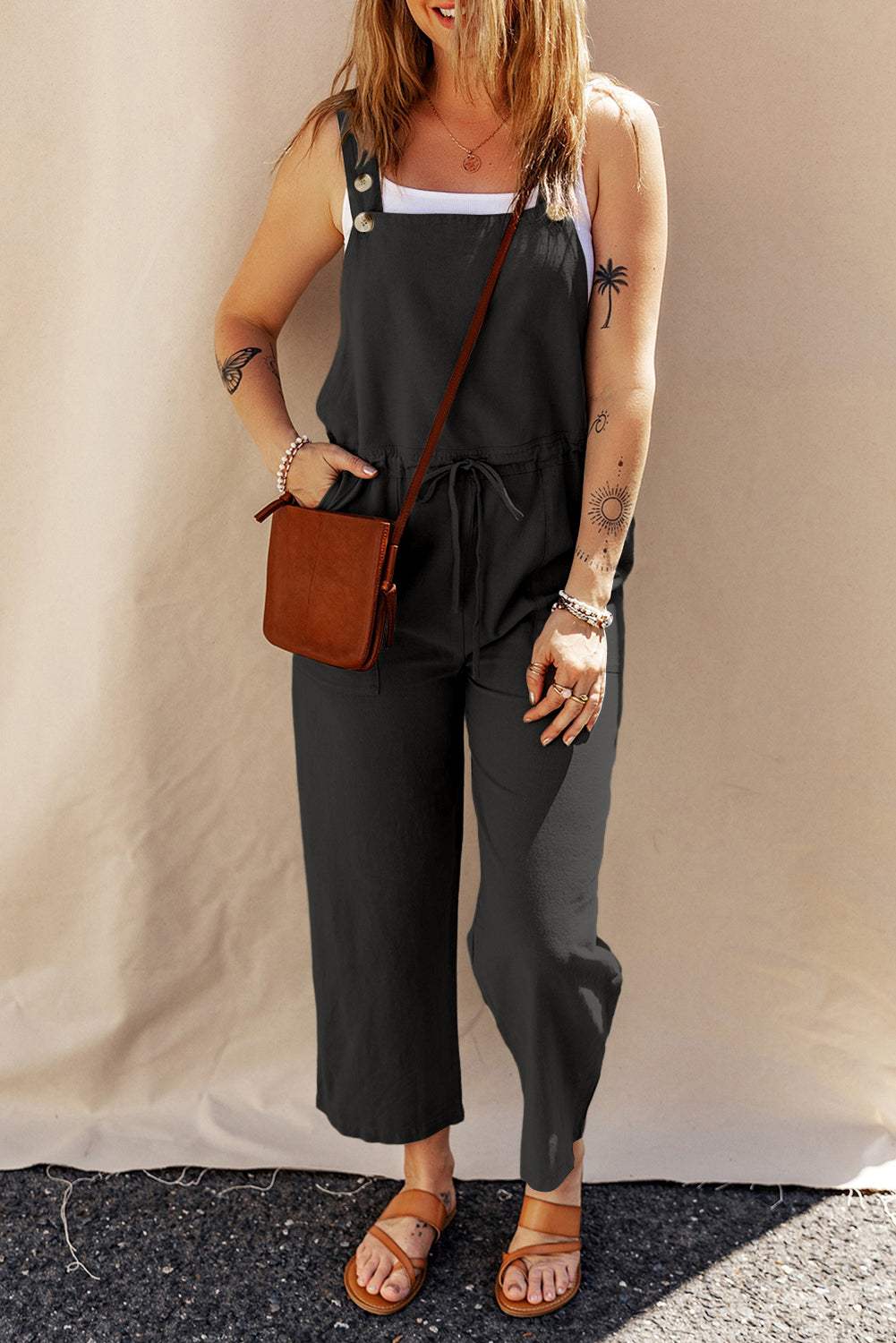 Drawstring Wide Strap Overalls with Pockets