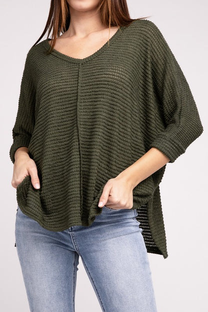 3/4 Sleeve V-Neck Hi-Low Hem Jacquard Sweater