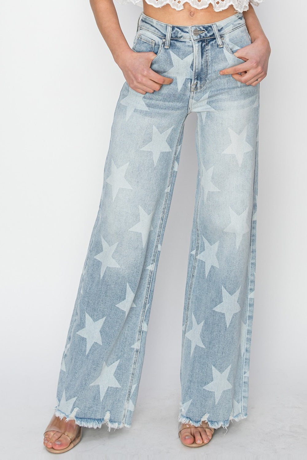 RISEN Raw Hem Star Wide Leg Jeans