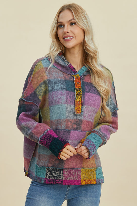 Double Take Plaid Dropped Shoulder Hoodie