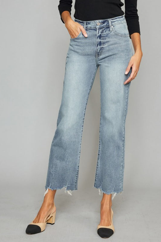 KanCan High Waist Raw Hem Cropped Wide Leg Jeans