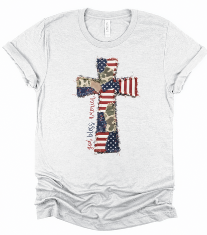 God Bless America Cross Patchwork Bella Canvas Graphic Tee