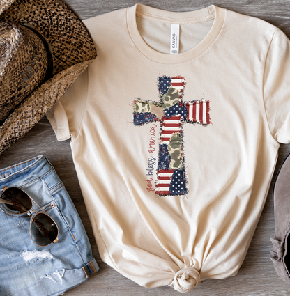 God Bless America Cross Patchwork Bella Canvas Graphic Tee