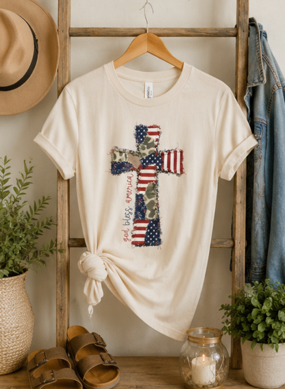 God Bless America Cross Patchwork Bella Canvas Graphic Tee