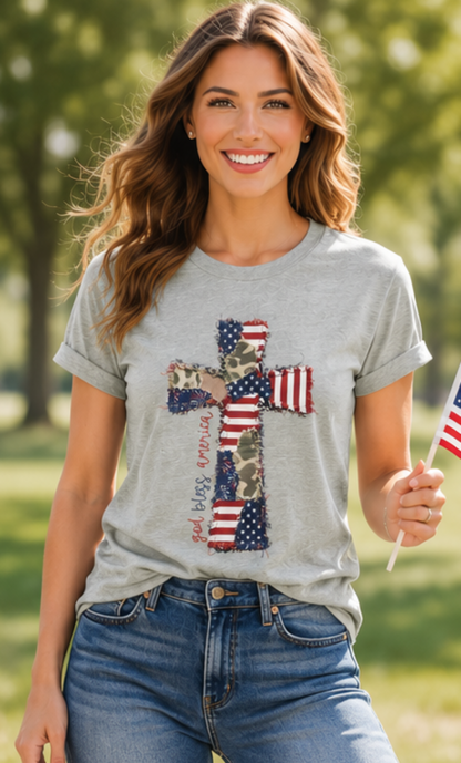 God Bless America Cross Patchwork Bella Canvas Graphic Tee