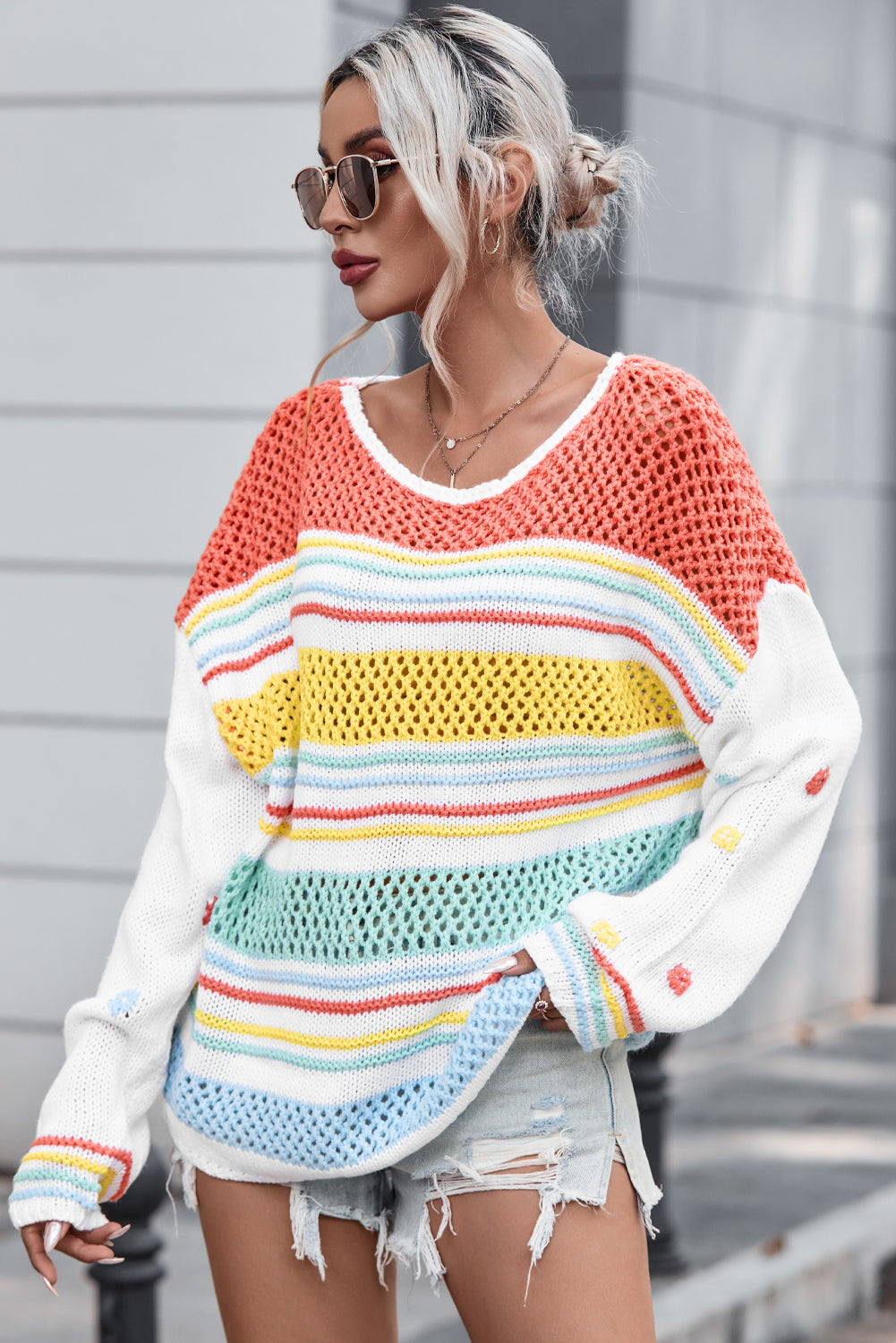 Hollow Striped Color Block Sweater