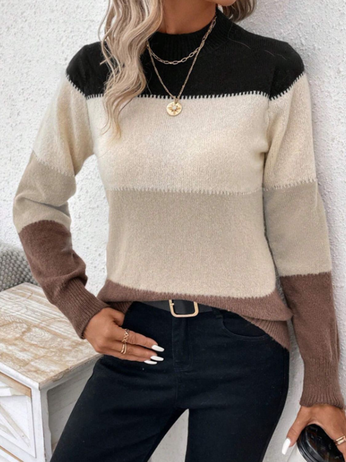 Color Block Mock Neck Sweater