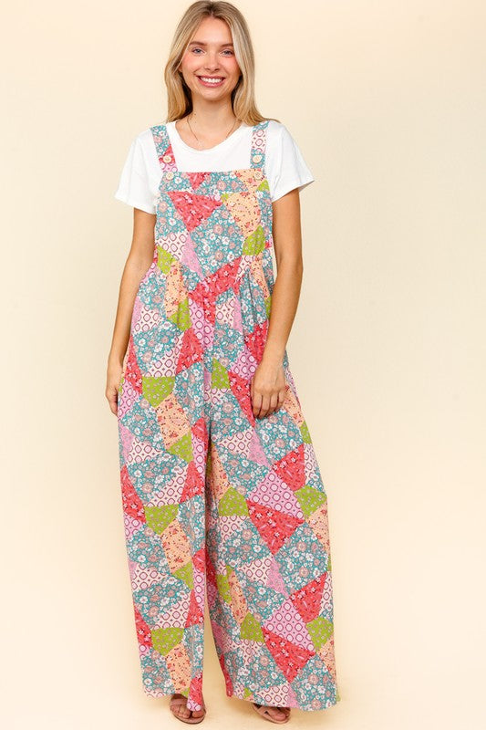 Haptics Printed Wide Leg Overalls with Side Pockets