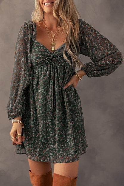 Ruched Fall Floral Print Long Sleeve Mini Dress