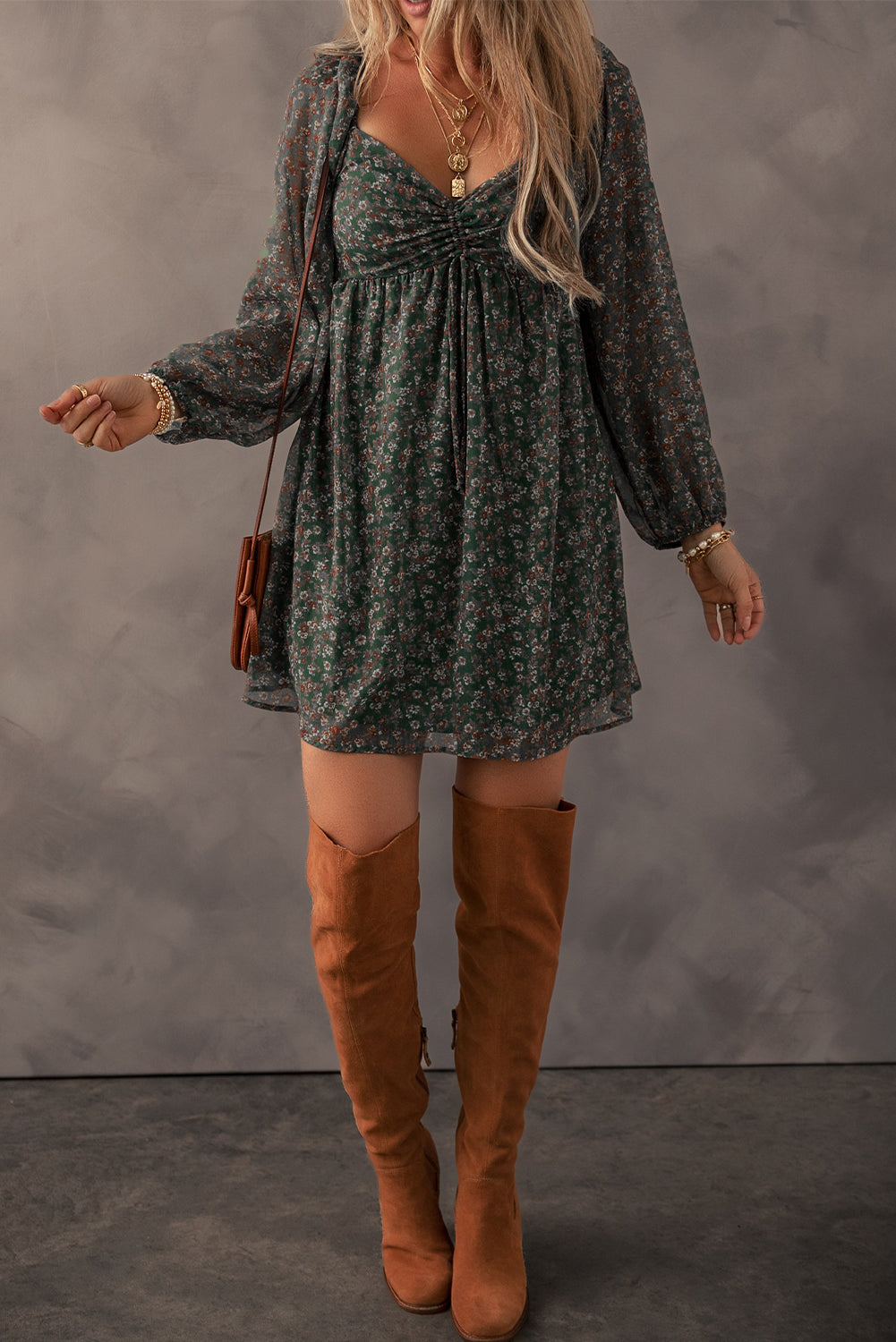 Ruched Fall Floral Print Long Sleeve Mini Dress