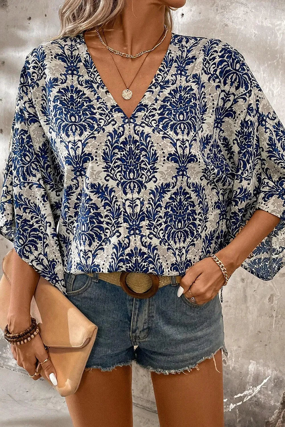 Blue Vintage Print Three-Quarter Sleeve Blouse