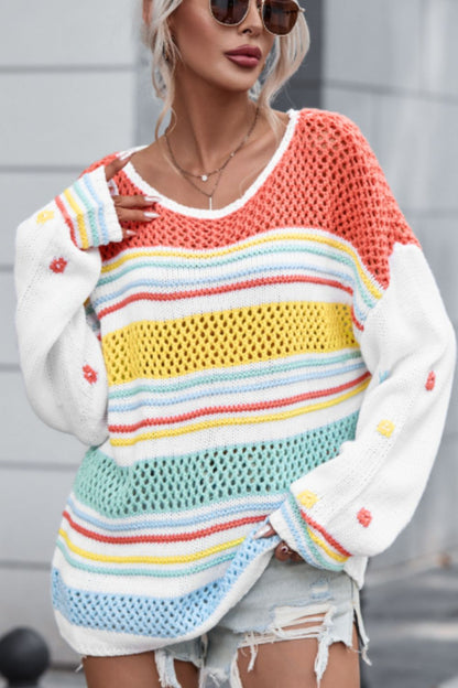 Hollow Striped Color Block Sweater