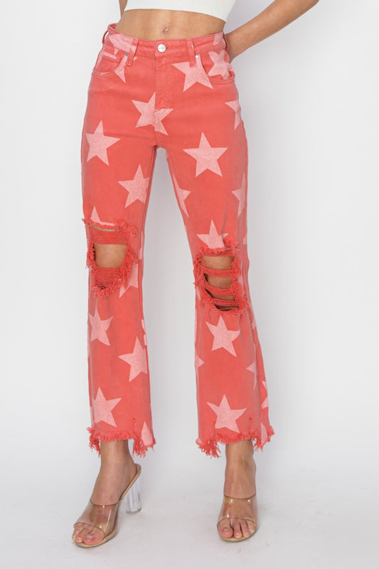 RISEN Distressed Raw Hem Star Pattern Jeans-Peach Blossom