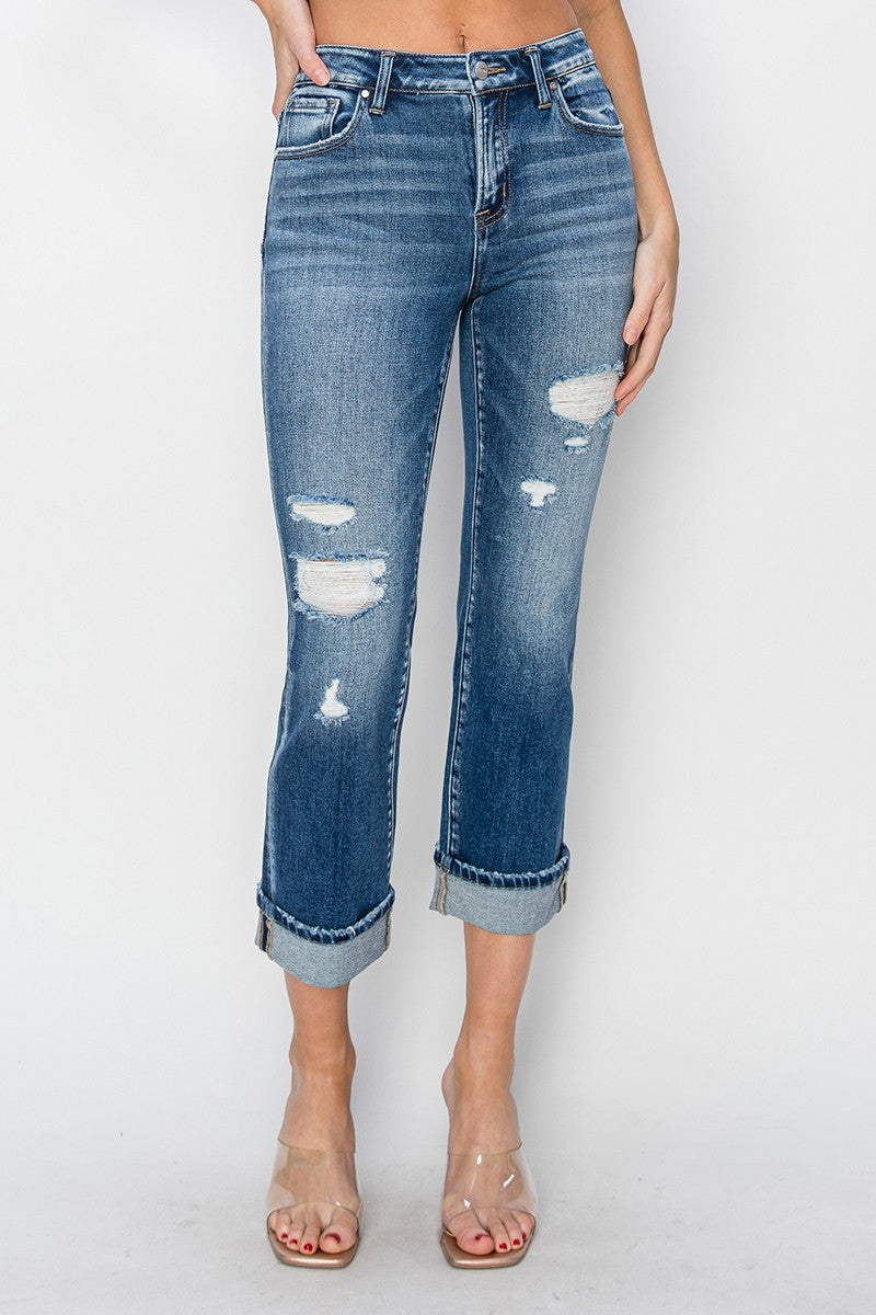 RISEN Cuffed Ankle Distressed Straight Jeans