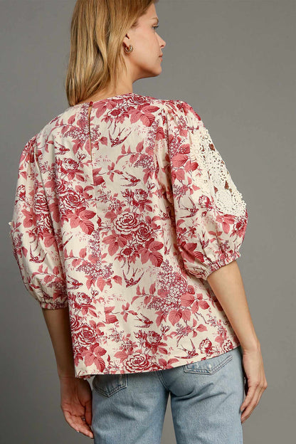 Umgee Floral Lace Trim Sleeve Blouse