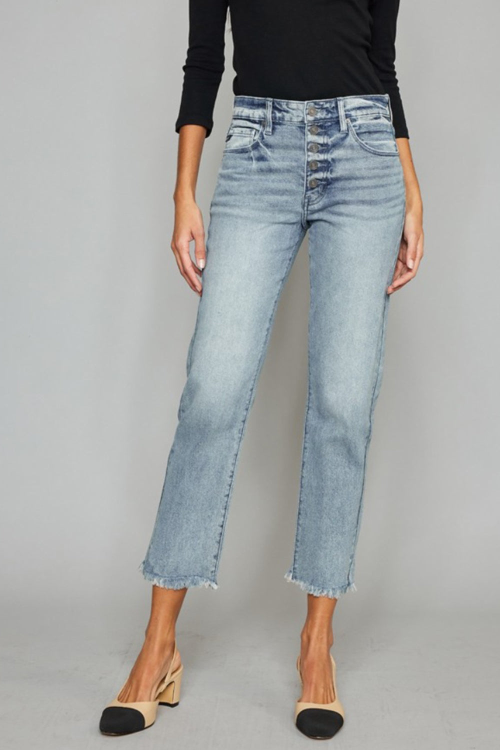 KanCan High Waist Button Fly Raw Hem Cropped Straight Jeans