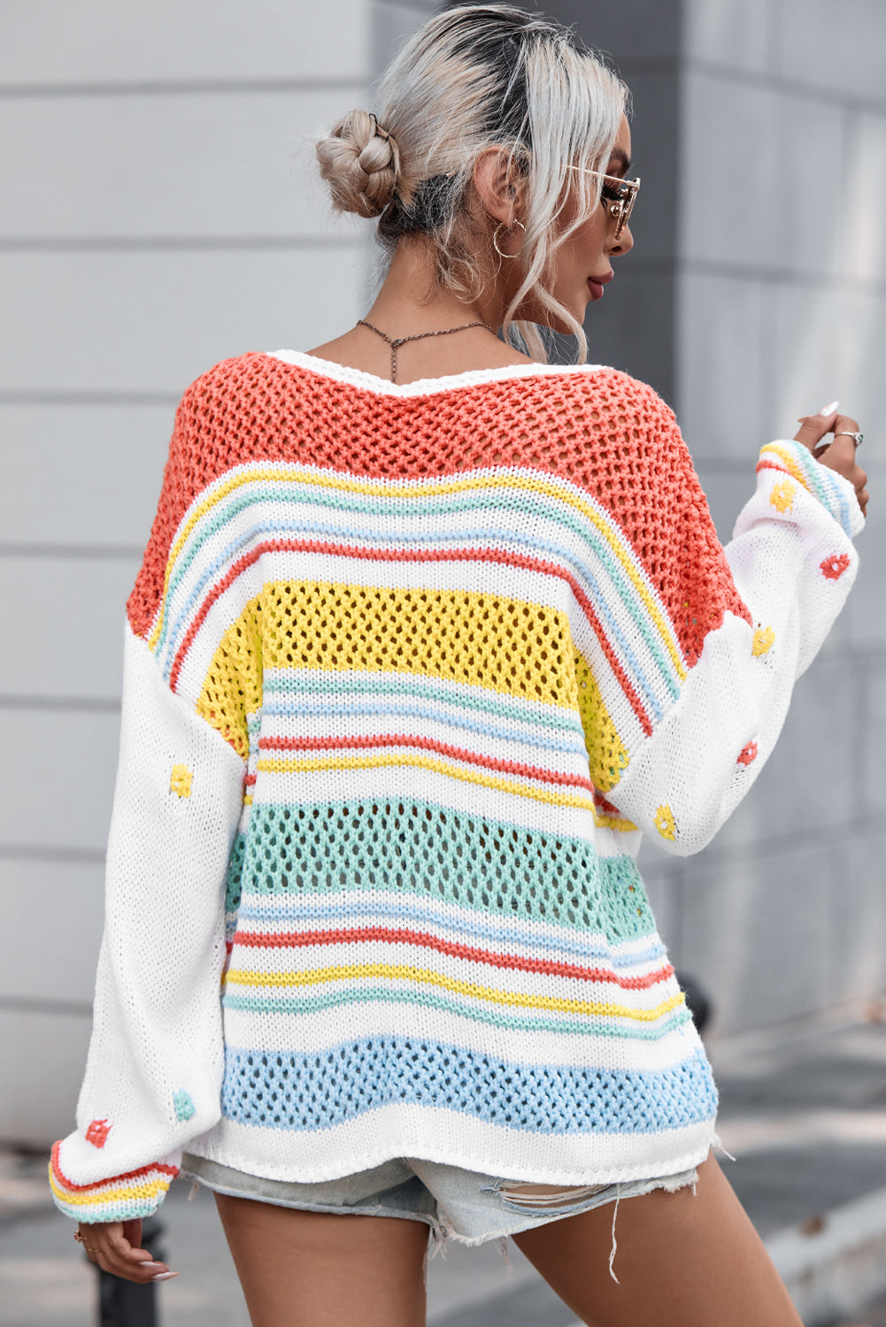 Hollow Striped Color Block Sweater