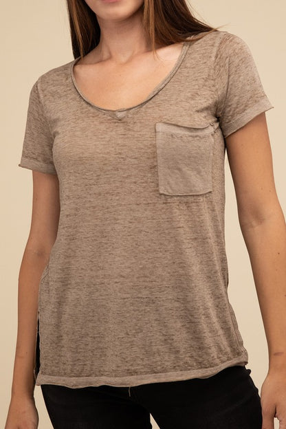 Washed Melange Burnout Scoop V-Neck Top