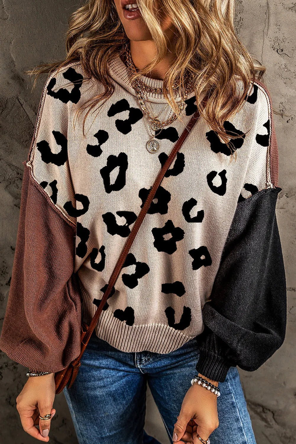 Leopard Round Neck Balloon Sleeve Sweater