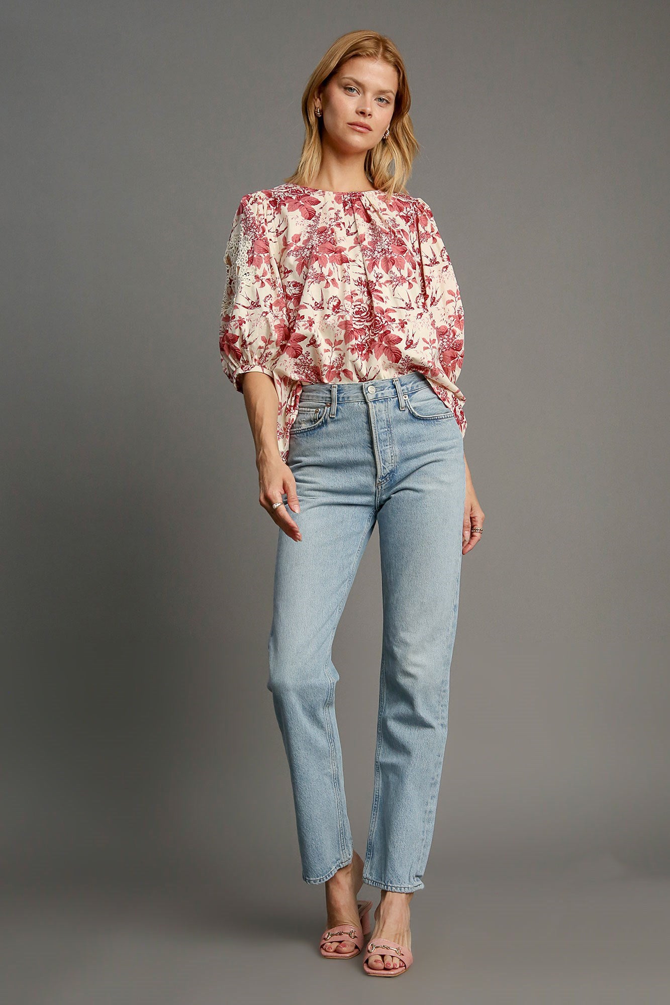 Umgee Floral Lace Trim Sleeve Blouse