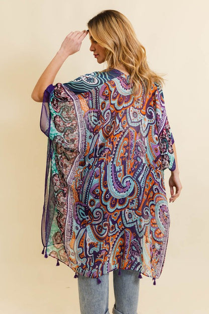 Paisley Printed Open Front Kimono w/ Cinched Arms