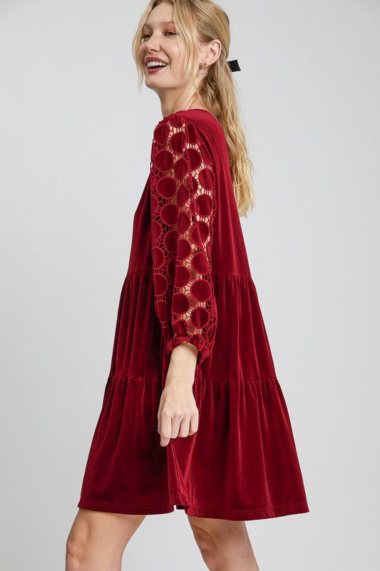 Umgee Dotted Lace Sleeve Velvet Mini Dress
