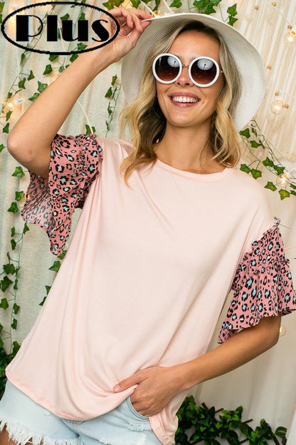 Solid Jersey Leopard Sleeve Top-Plus